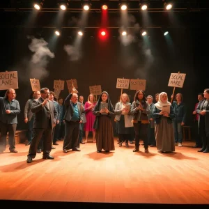 Artistic representation of a theatrical scene inspired by Benjamin Lay's activism.