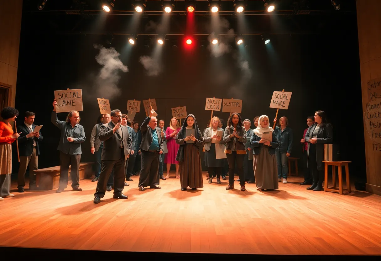 Artistic representation of a theatrical scene inspired by Benjamin Lay's activism.