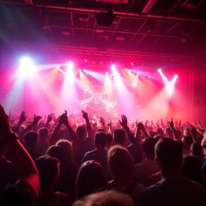 Crowd enjoying a live rock concert with dramatic stage lighting.