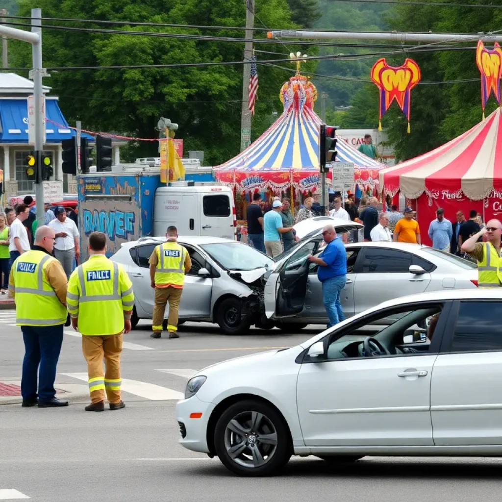 Emergency responders at a car accident scene near a community carnival