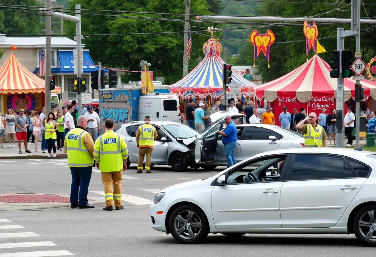 Emergency responders at a car accident scene near a community carnival