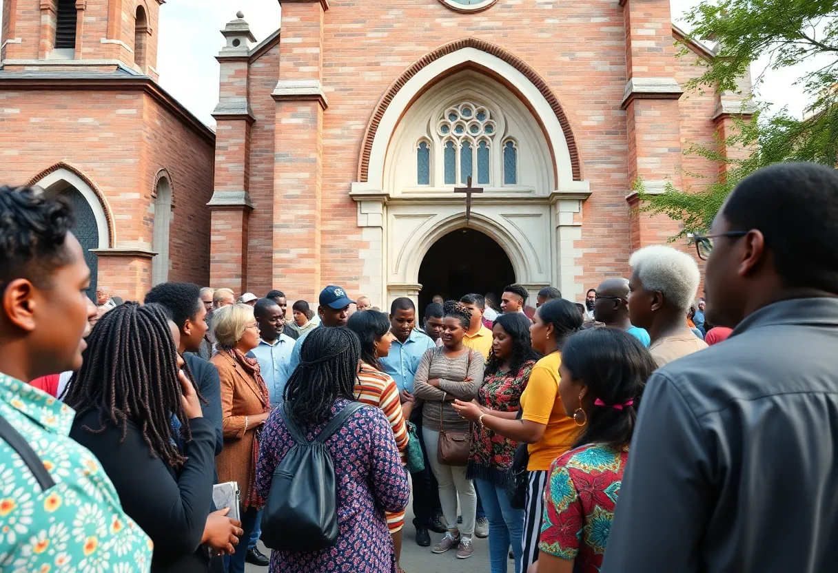 A diverse group of people gathered outside Mother Bethel AME Church