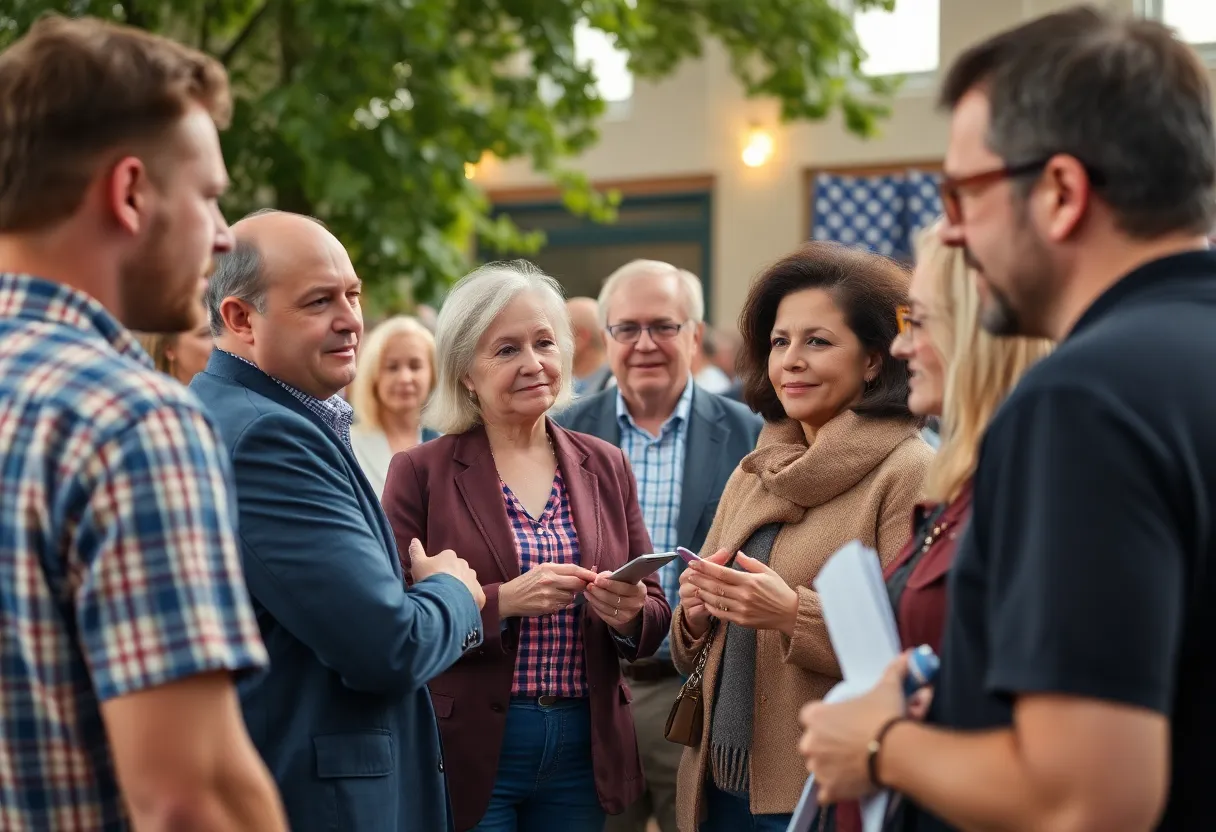 Residents discussing community issues during a local political event.