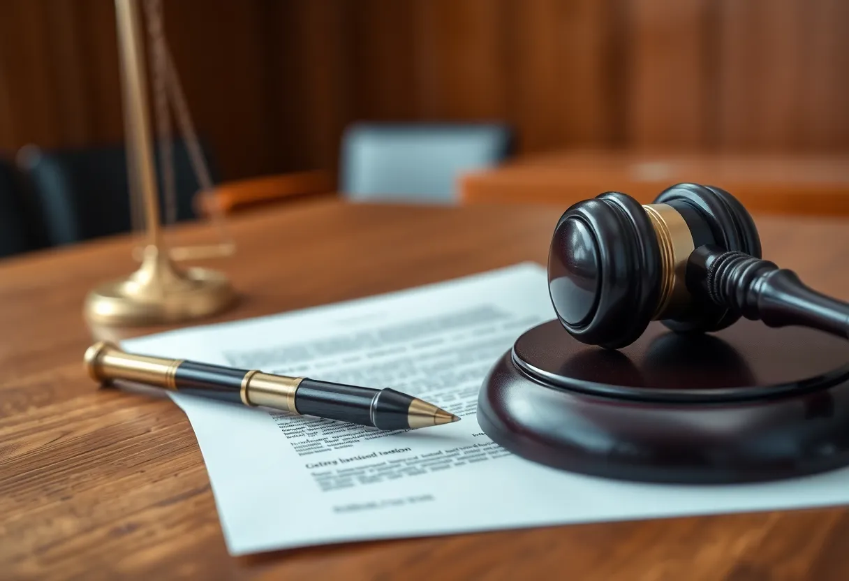 Courtroom with legal documents and gavel