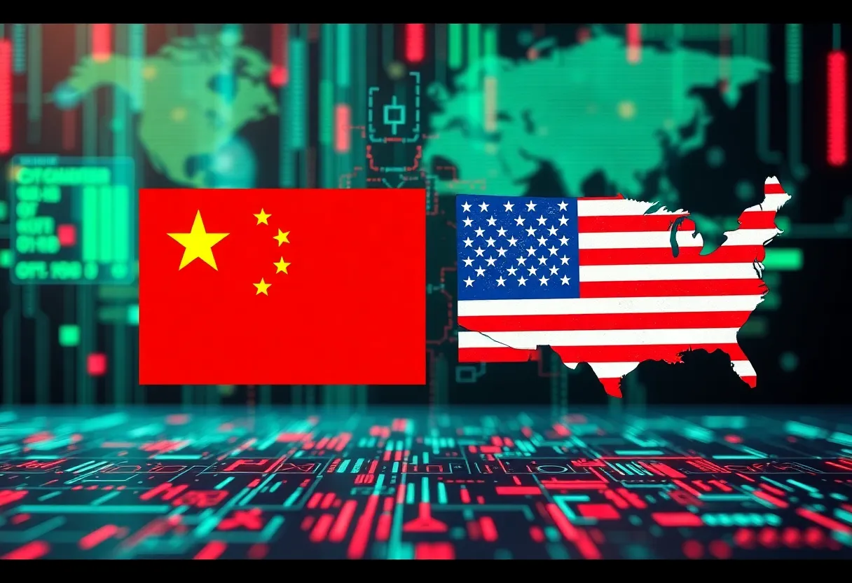 Abstract digital art depicting cybersecurity tensions between China and the U.S.