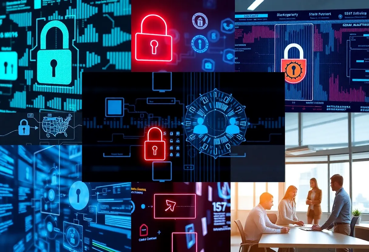 A representation of cybersecurity concepts such as digital safety and technology teamwork.