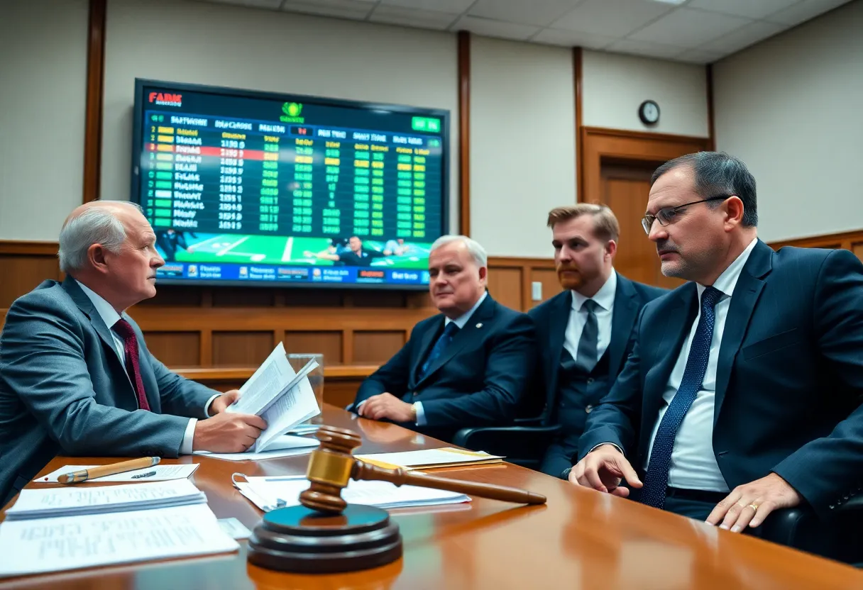 Dramatic courtroom scene with lawyers and a digital sports betting ad