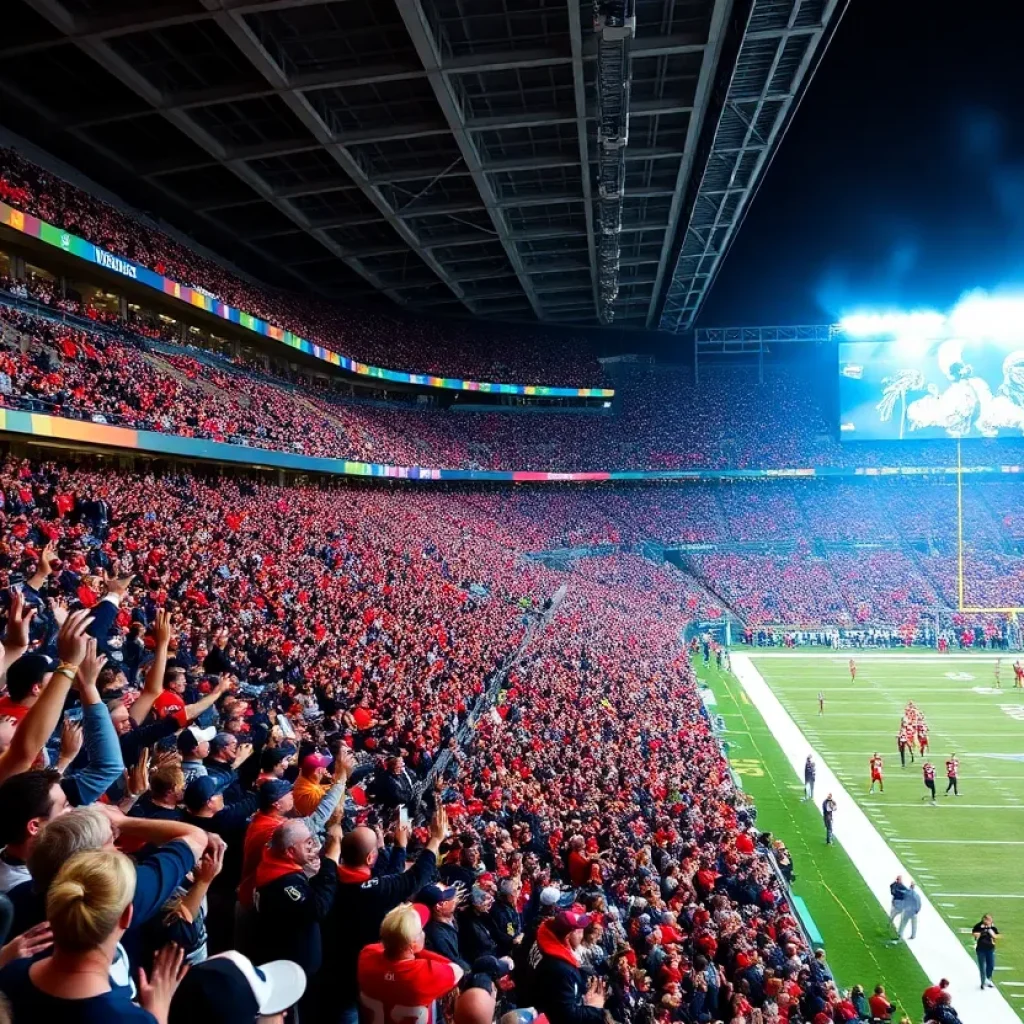 Excited fans in a packed stadium during a Philadelphia Eagles game.