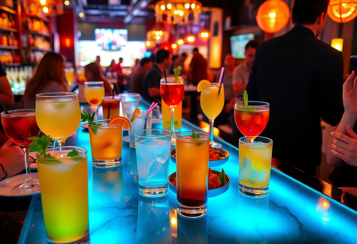 People enjoying happy hour with cocktails and appetizers at a bar in Pennsylvania.
