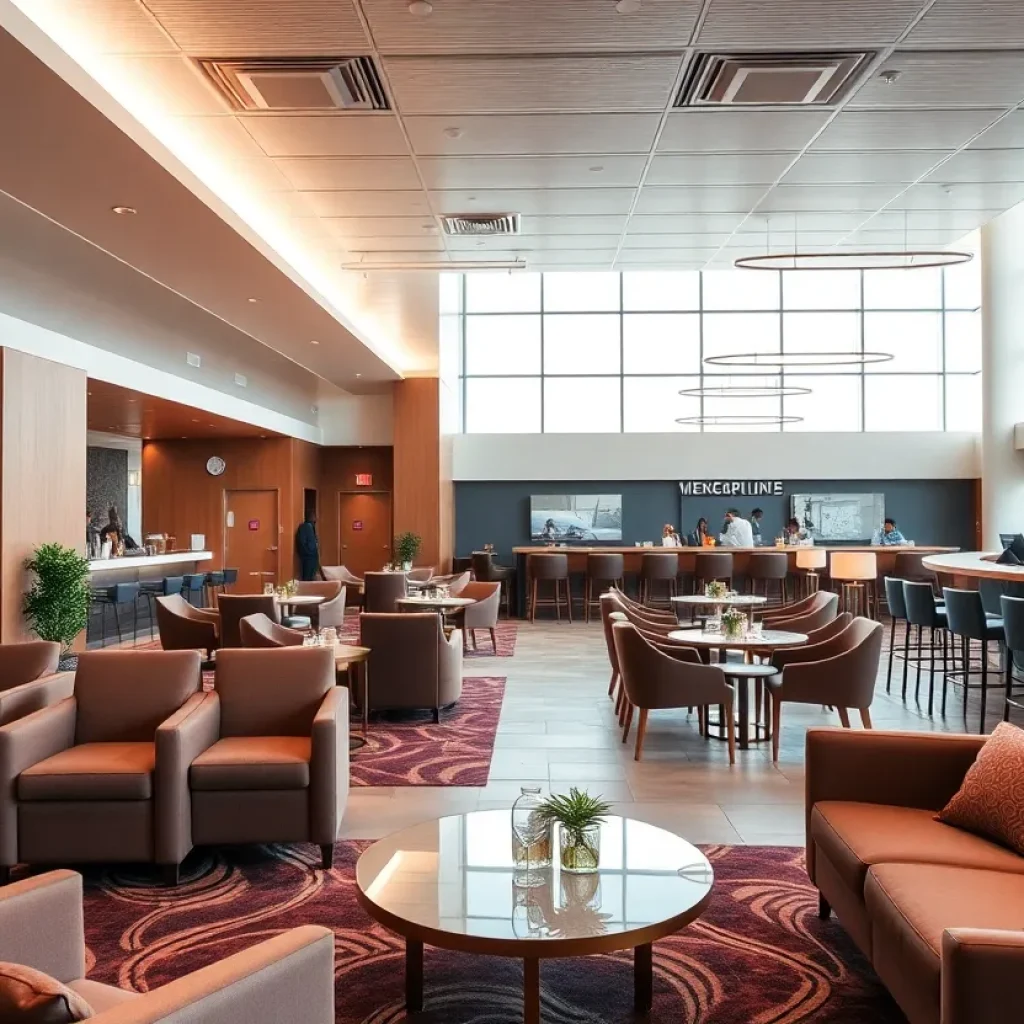 Interior view of American Airlines' Flagship Lounge in Philadelphia with luxurious seating and bar.