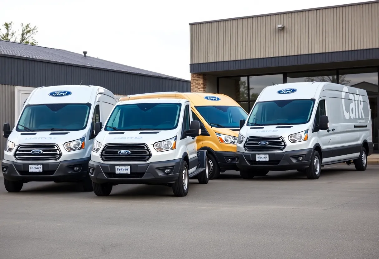 Fleet of Ford vehicles in front of a small business office