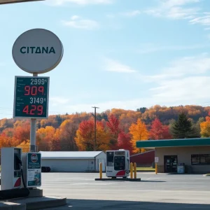 Gas station displaying gas prices in Western Pennsylvania.