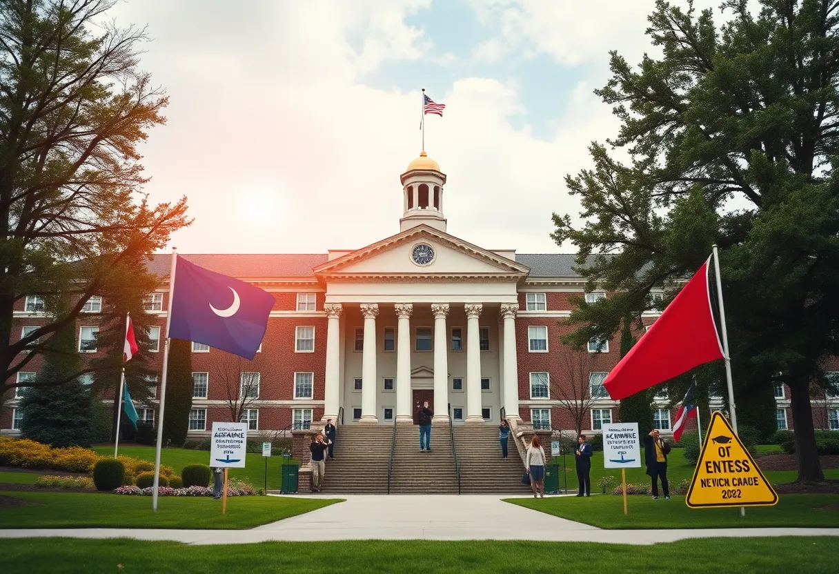 Illustration depicting the conflict between Harvard University and federal funding issues.