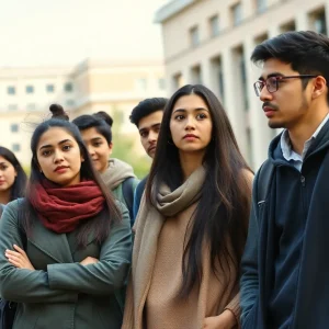 A diverse group of international students discussing visa issues on campus.