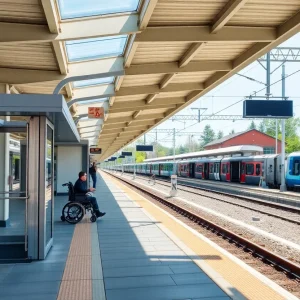 Before and after visuals of train station upgrades showcasing accessibility features