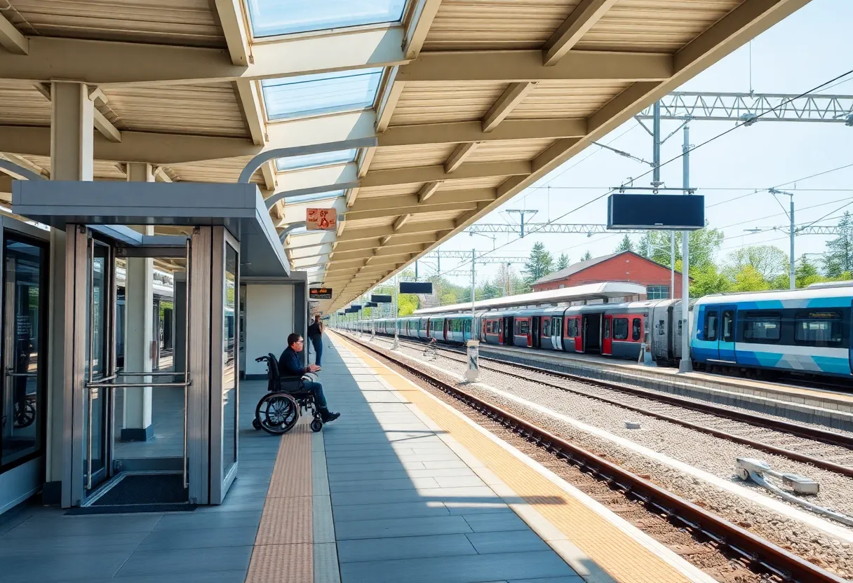 Before and after visuals of train station upgrades showcasing accessibility features