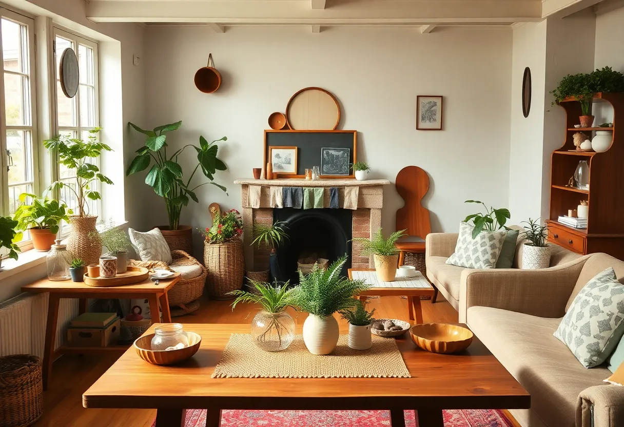 Living space reflecting a low-buy lifestyle with handmade and thrifted items.