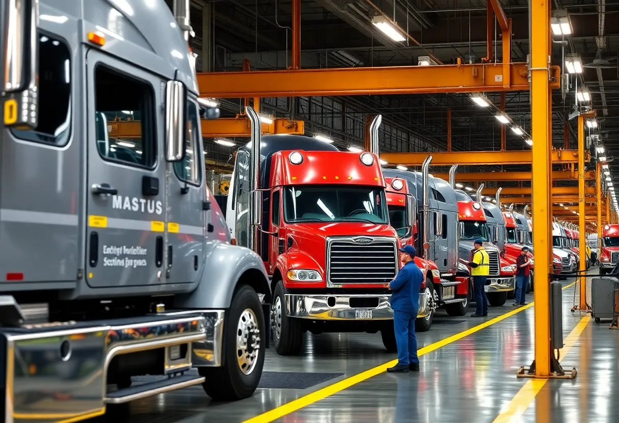 Production facility at Mack Trucks with vehicles being assembled.