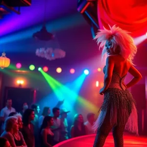 A performer in a colorful cabaret setting celebrating 20 years of drag performances.