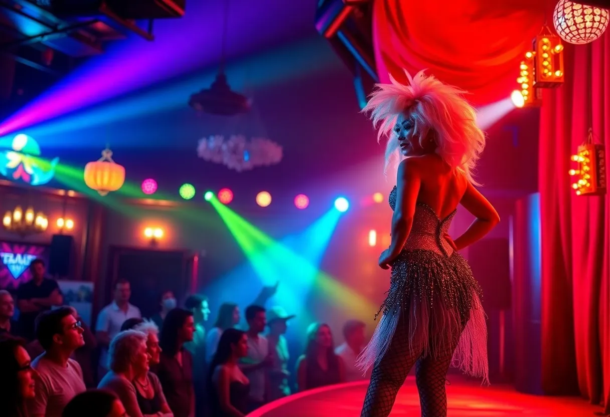 A performer in a colorful cabaret setting celebrating 20 years of drag performances.