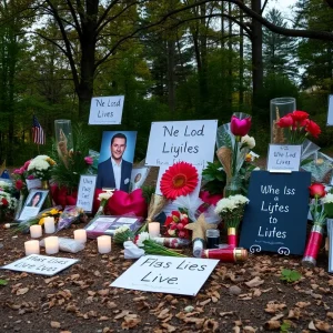 A memorial symbolizing the victims of the MOVE bombing in Philadelphia, surrounded by plants.