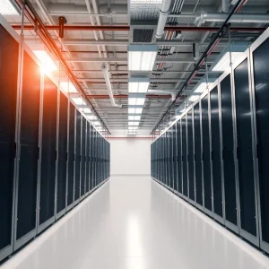 Interior view of a high-tech data center with servers and energy-efficient features