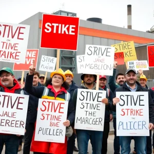 Workers demonstrating outside Nestle Purina plant during the strike