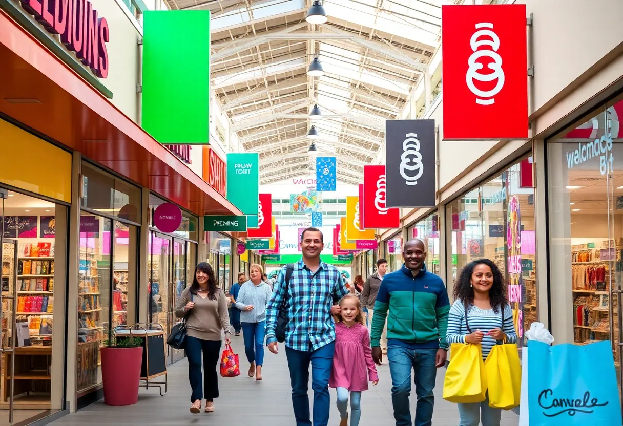 A bustling Tanger Outlets Hershey with new store signs and happy shoppers.