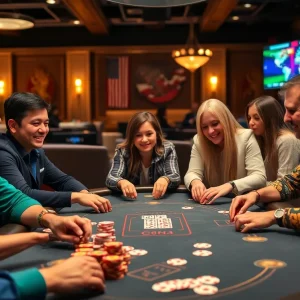 Online poker players enjoying a game in a vibrant atmosphere