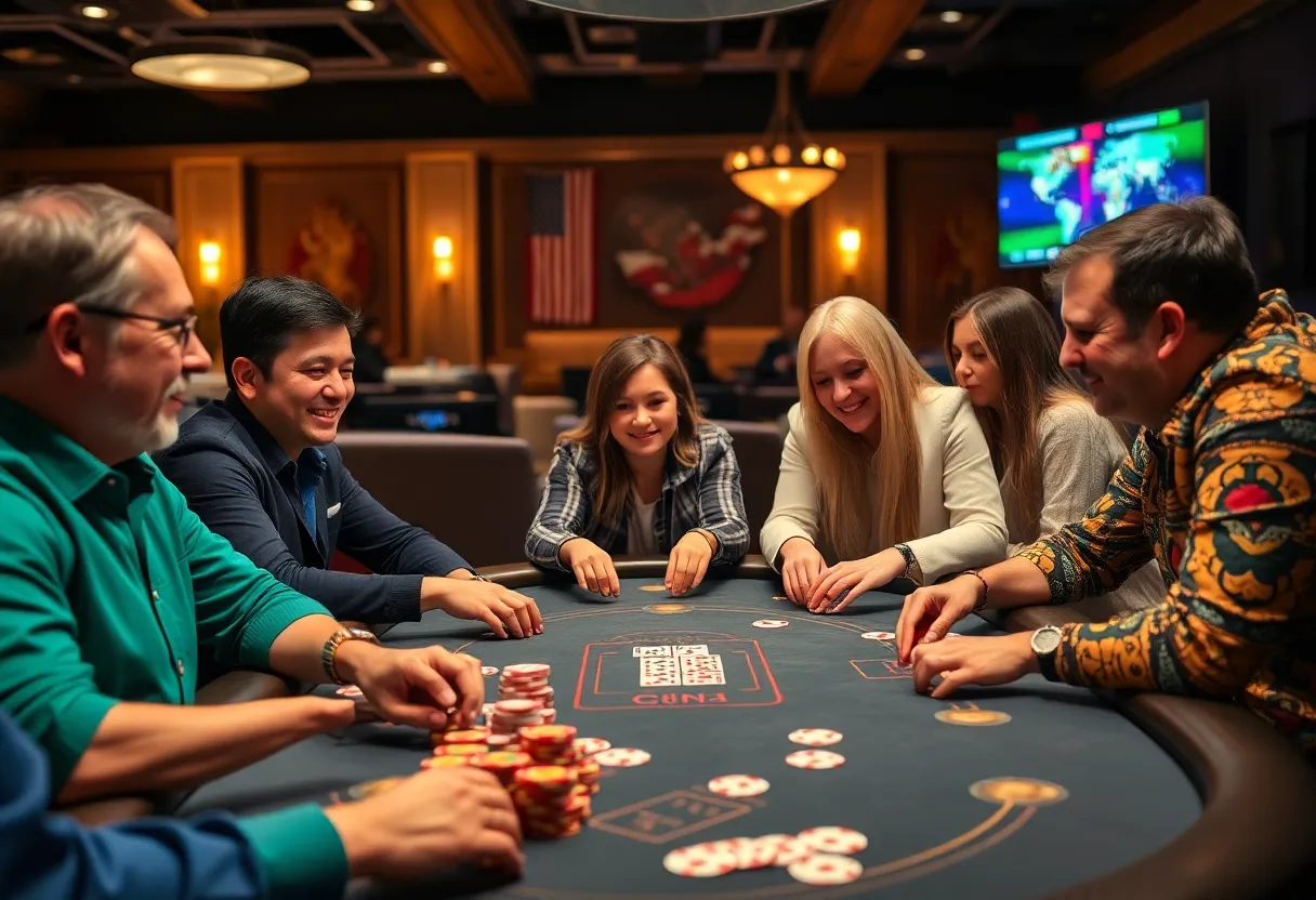 Online poker players enjoying a game in a vibrant atmosphere
