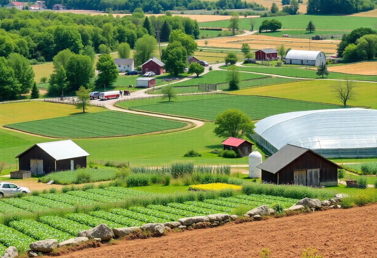 Pennsylvania farm landscape with crops and aquaculture facilities