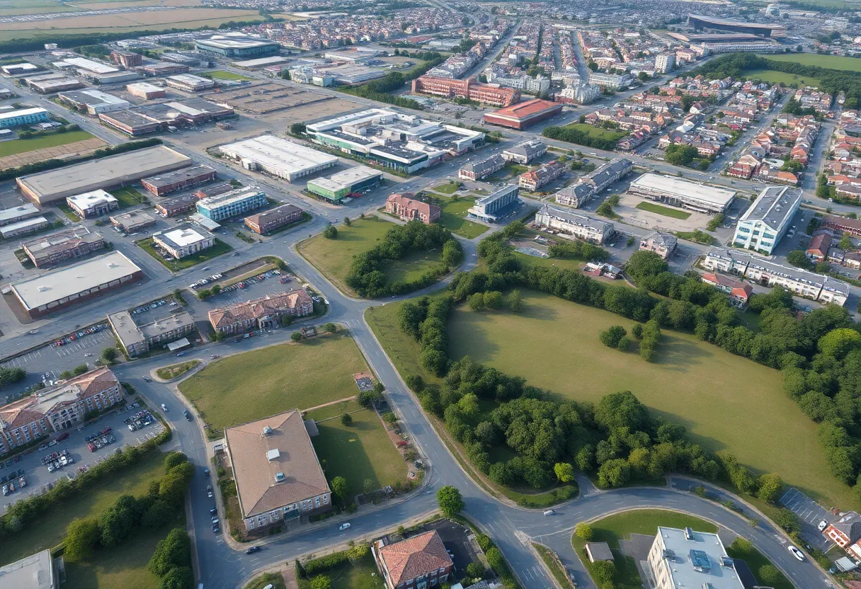 Aerial view of Pennsylvania showing business parks and green spaces.