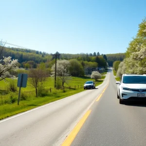 Electric vehicles driving on a Pennsylvania road lined with trees.