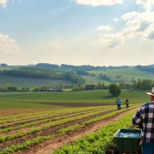 Scenic view of farmland in Pennsylvania with workers