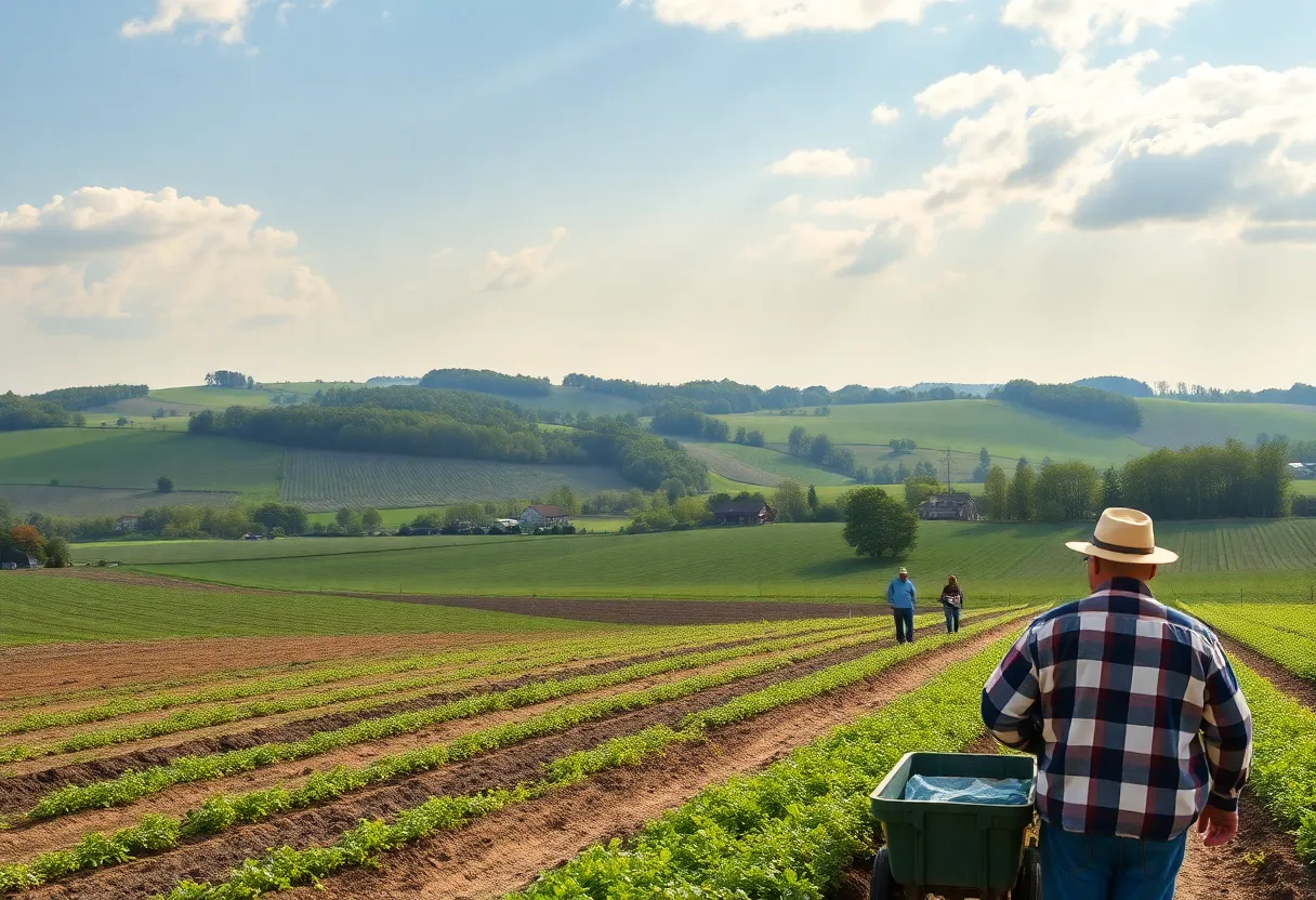 Scenic view of farmland in Pennsylvania with workers