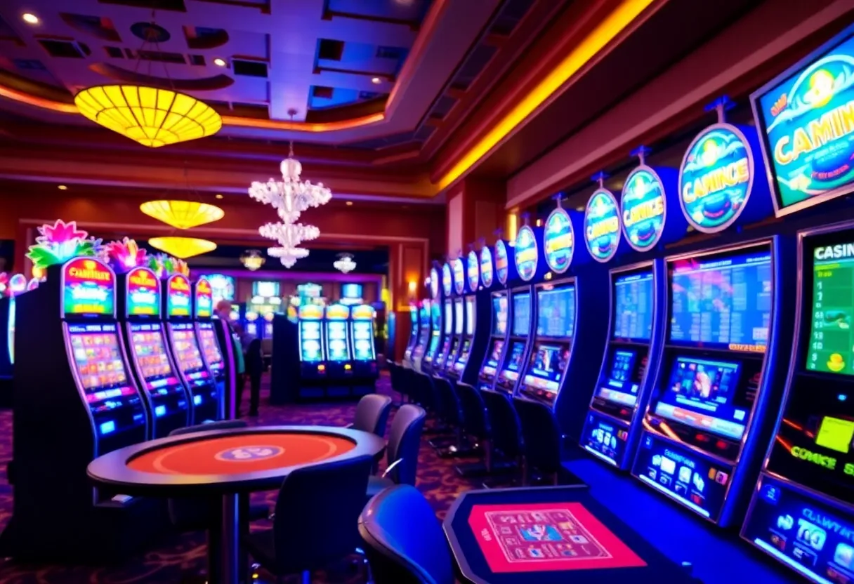 A lively gambling environment in Pennsylvania featuring slot machines and gaming tables.