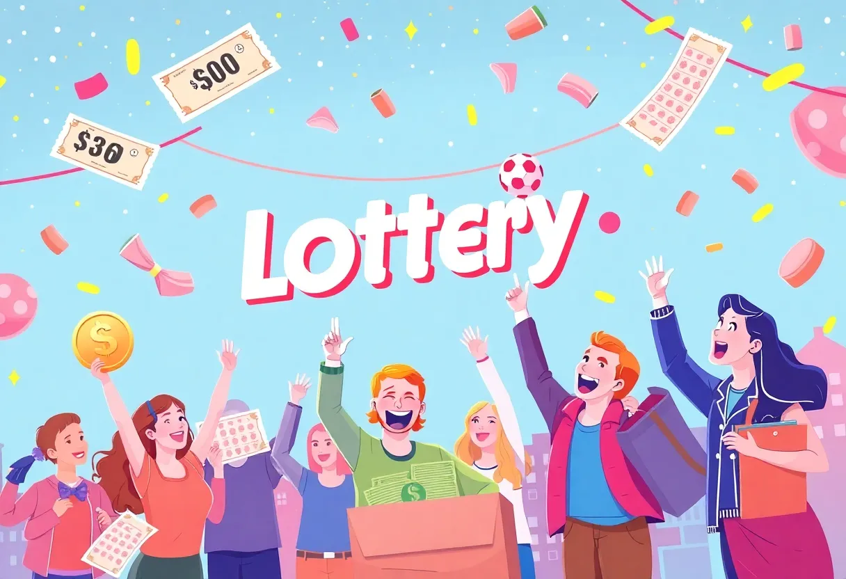 Illustration of a lottery drawing event showcasing tickets and cash prizes