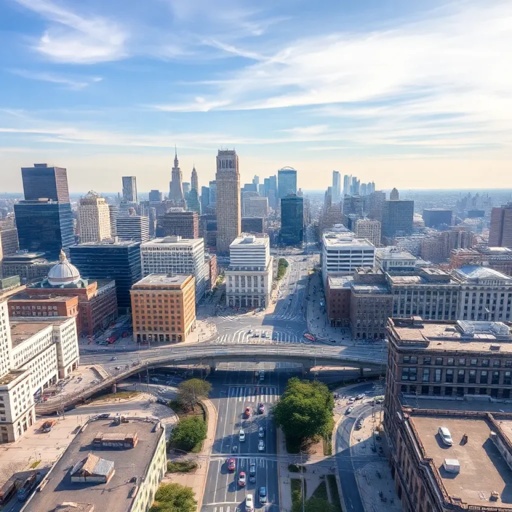 Aerial view of Philadelphia with bustling streets and public transit