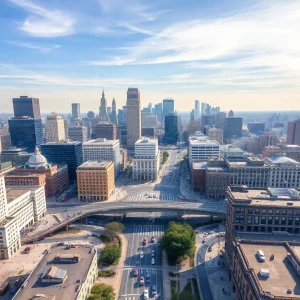 Aerial view of Philadelphia with bustling streets and public transit