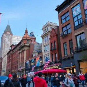 A bustling street in Philadelphia with art displays and community gatherings.