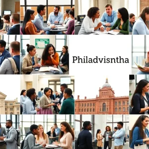A diverse group of individuals collaborating in an educational setting in Philadelphia.