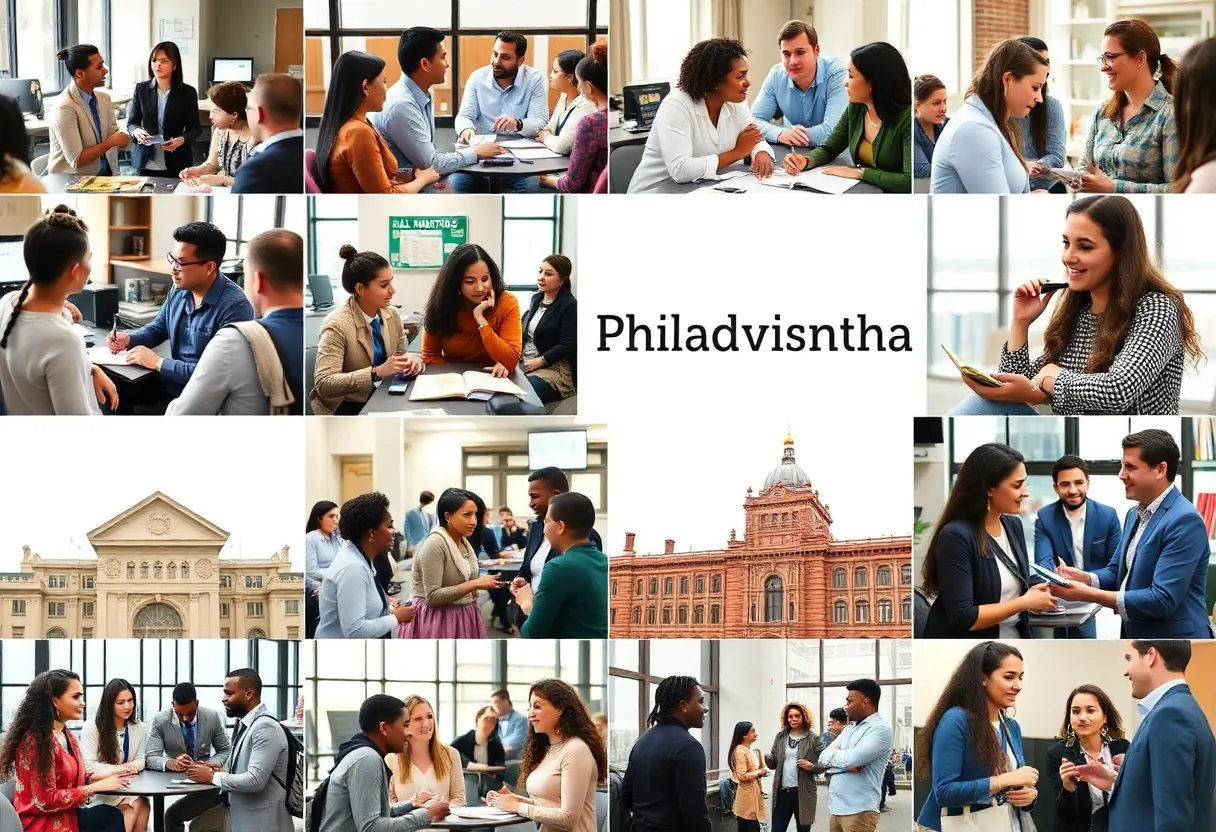 A diverse group of individuals collaborating in an educational setting in Philadelphia.