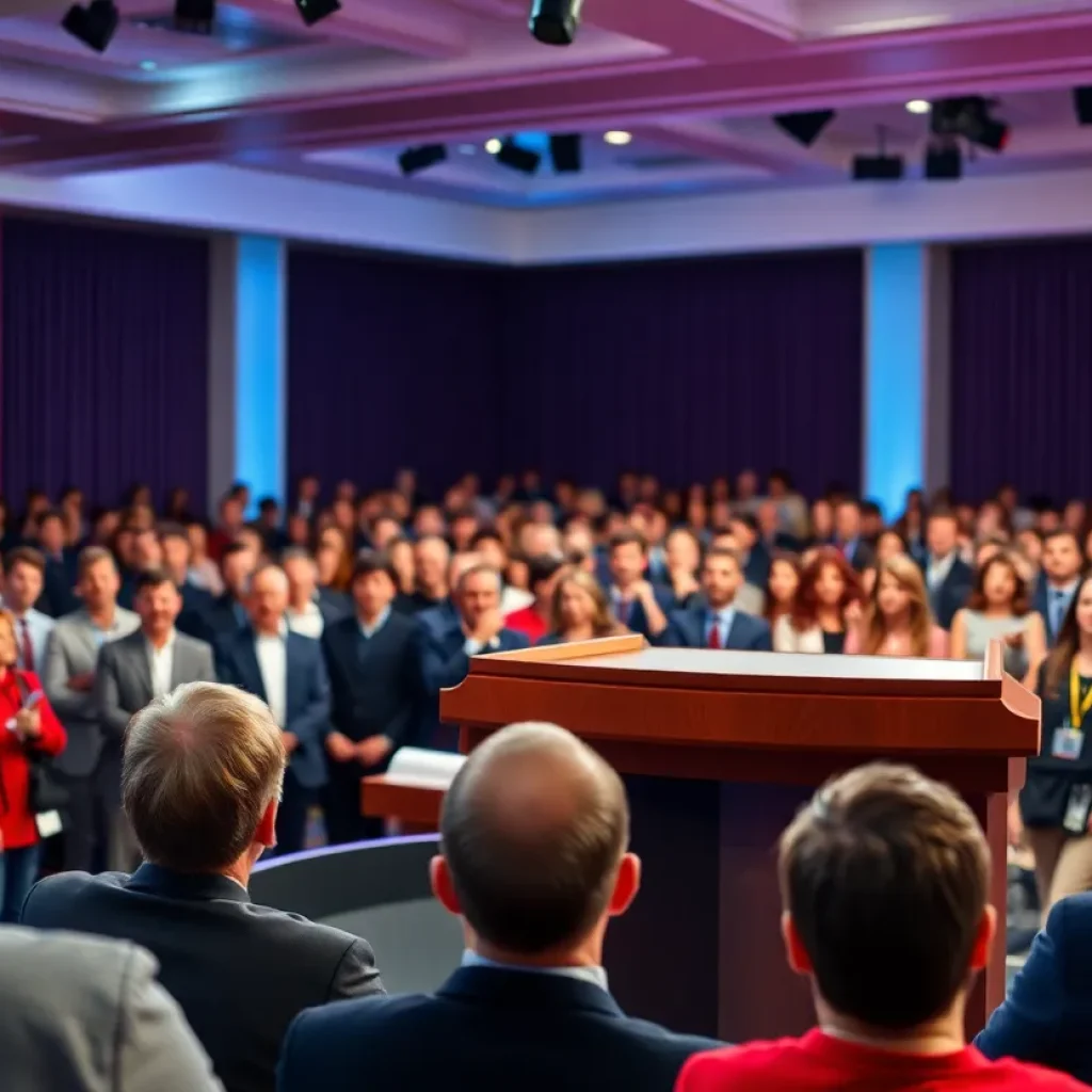 A debate setting with an empty podium and engaged audience.