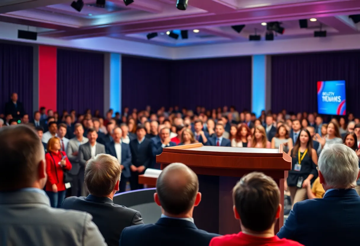 A debate setting with an empty podium and engaged audience.