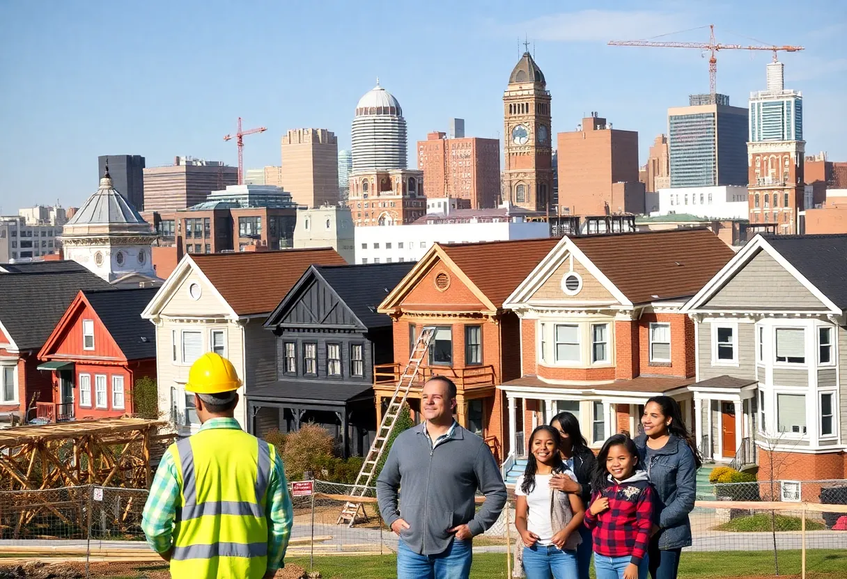 Cityscape of Philadelphia showcasing housing constructions and families.