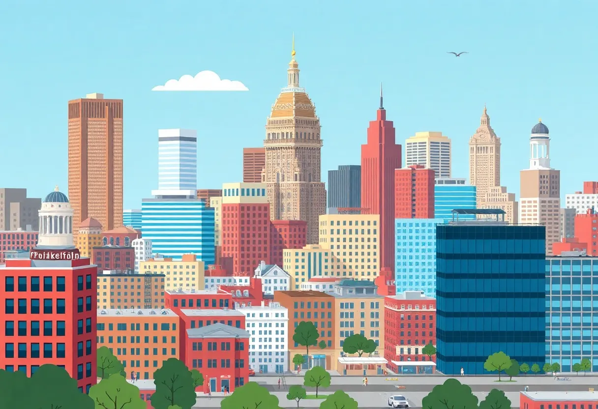 Cityscape of Philadelphia showcasing progress and challenges post-pandemic.