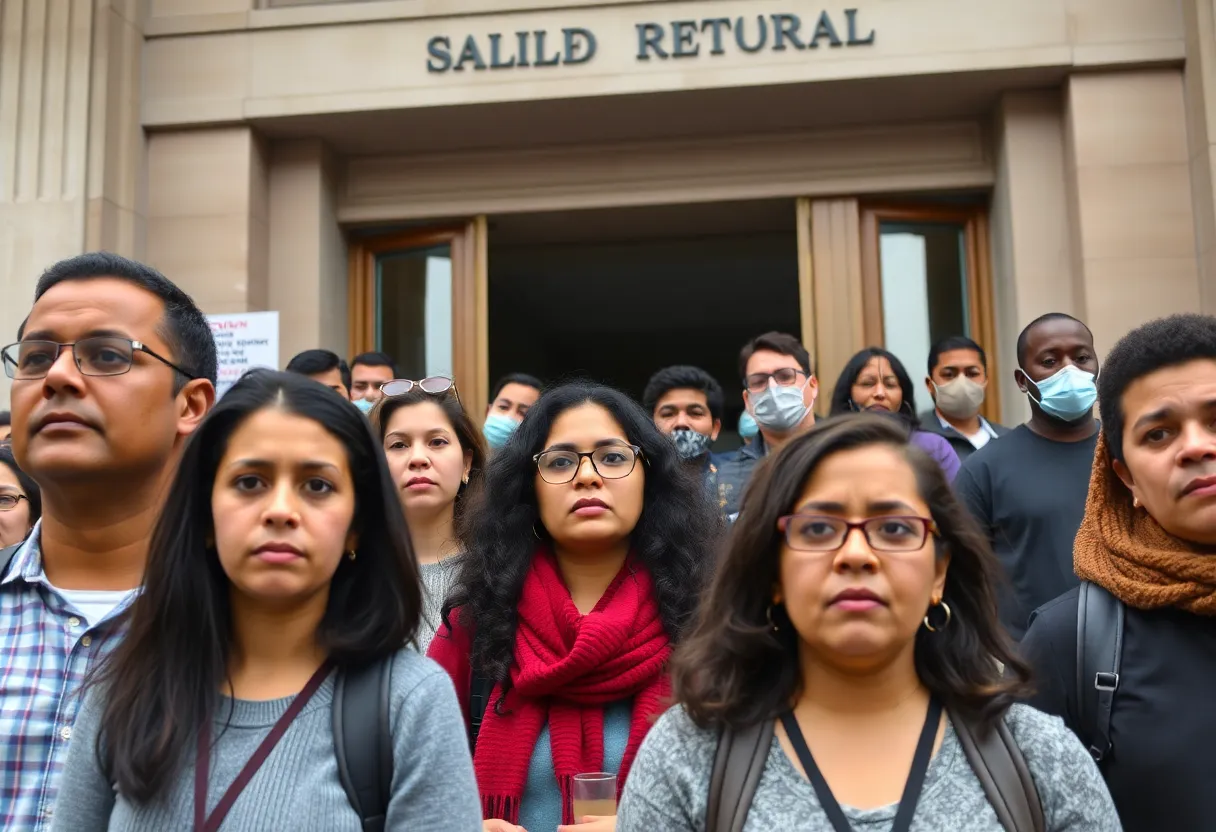 Community members gathered outside a courthouse in Philadelphia discussing immigration rights