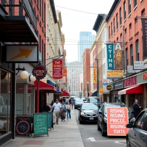 Small business storefronts in Philadelphia with price signs.