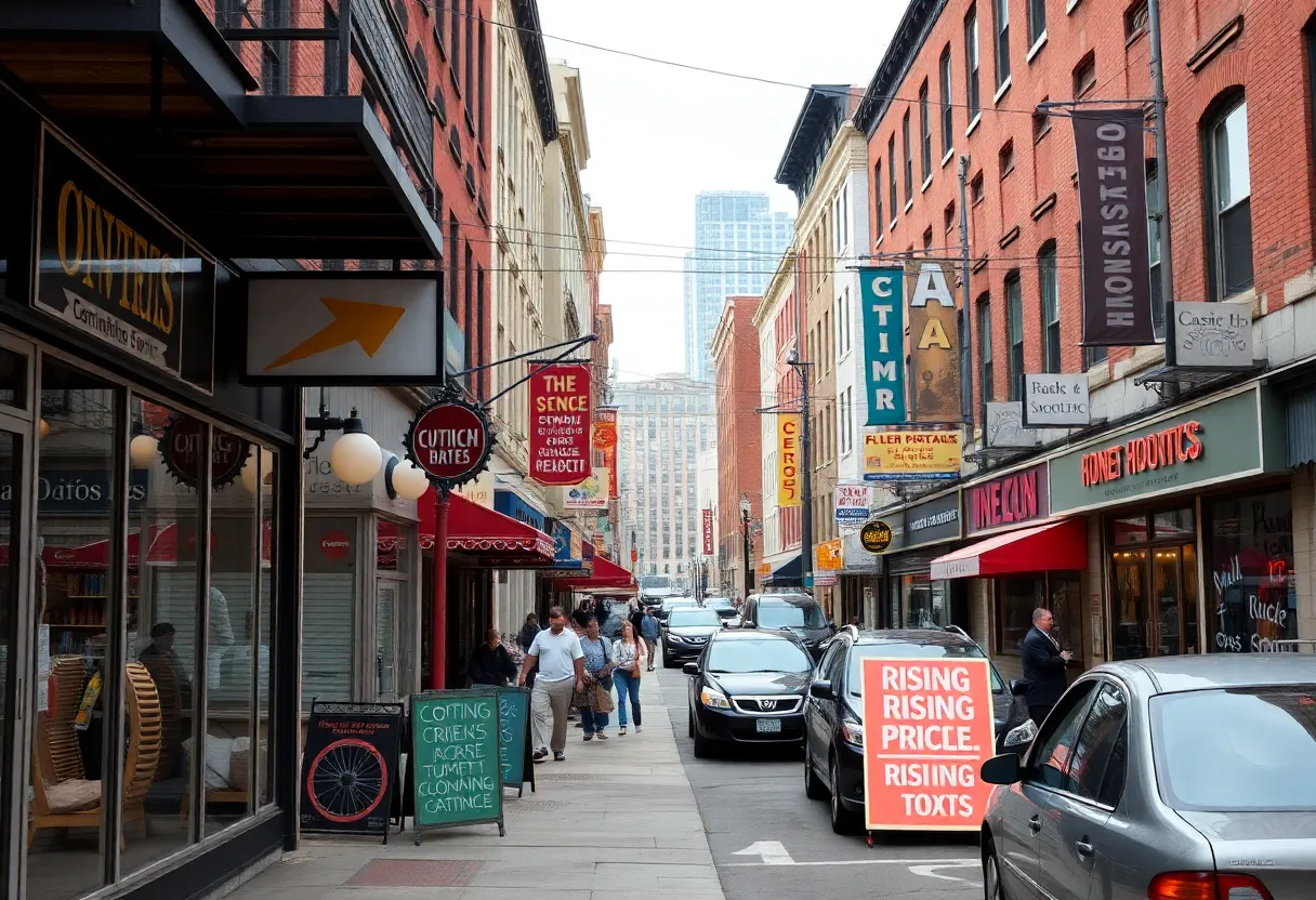 Small business storefronts in Philadelphia with price signs.