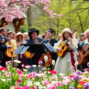 Audience enjoying the Philadelphia spring concert with a Renaissance band performing.